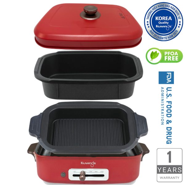 Lẩu điện phủ gốm Ceramic 2 trong 1 Kuvings KMG-200B - Màu đỏ bạc đô [4.0L]